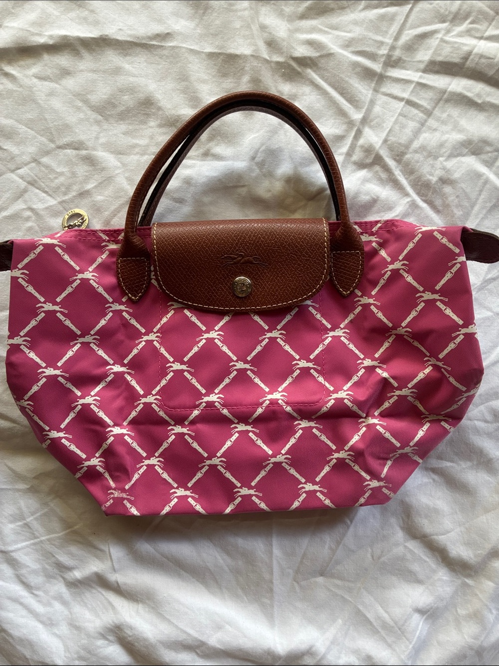 Longchamp Pink Patterned Tote with Brown Leather Trim small